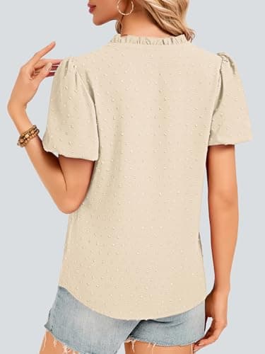 Funlingo Womens Tops Puff Sleeve V Neck Dressy Casual Blouses Summer Flowy Swiss Dot Boho Babydoll Short Sleeve Shirts Trendy Clothes 2026 Beige 2XL - Thumbnail 3