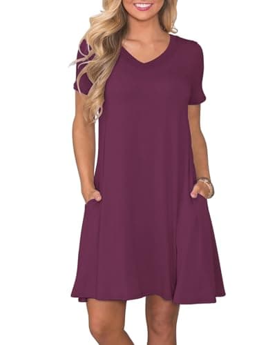 COSSEN Women's Casual T Shirt Dress Violet Purple Medium V-Neck Short Sleeves Swing Dresses Birthday Party Summer Travel Beach with Pocket - Image 1