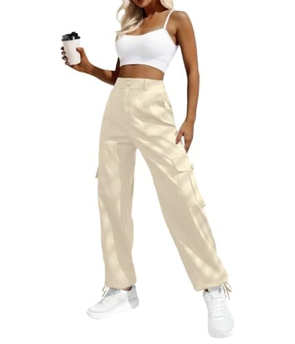 Lepunuo Cargo Pants Women High Waisted Casual Pants Baggy Stretchy Wide Leg Y2K Streetwear Beige - Image 1