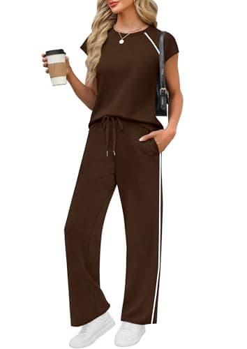 PRETTYGARDEN Women's 2 Piece Lounge Sets 2026 Summer Cap Sleeve Tops Wide Leg Pants Travel Outfits Matching Fashion Clothing (Dark Brown,Small) - Image 1