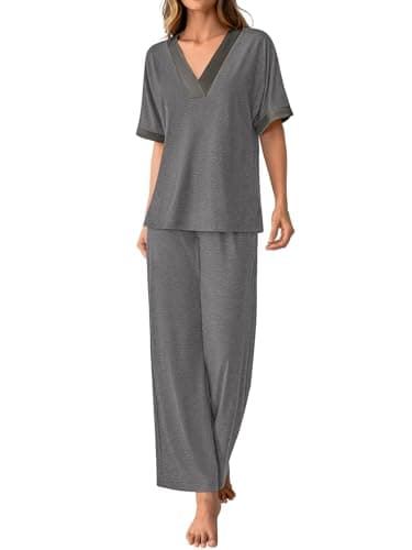 GKBK Womens Two Piece Outfits Pajama Sets 3/4 Dolman Sleeve V Neck Sleepwear Nightwear Loungewear Matching Pjs 2 Piece Lounge Set Lightweight Fall Fashion Ooutfit Dark Gray L - Thumbnail 5
