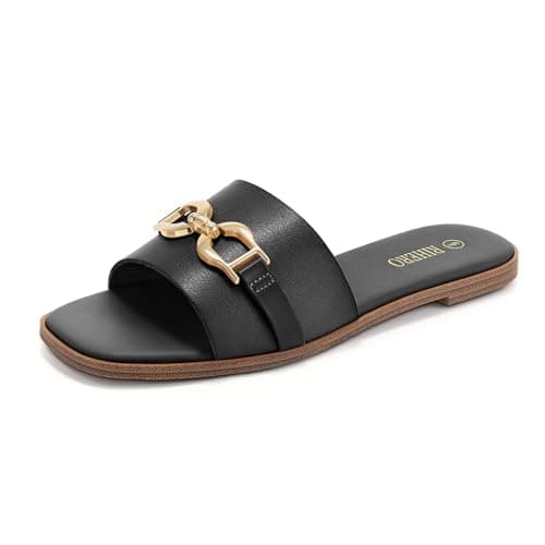 Rihero Black Flat Sandals for Women Summer Square Open Toe Slides Slip On Fashion Slide Sandals Wide Width Size 6 - Image 1