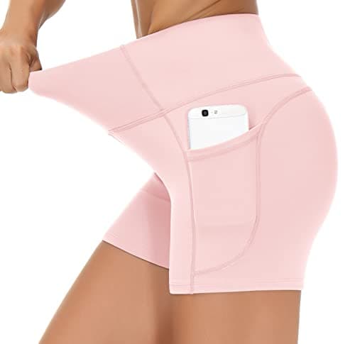 THE GYM PEOPLE High Waist Yoga Shorts for Women's Tummy Control Fitness Athletic Workout Running Shorts with Deep Pockets (Small, Pink) - Thumbnail 2