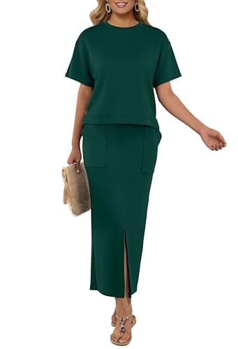 GRECERELLE Women's Summer Crew Neck Top Front Slit Skirt Sets with Pockets Casual Two Piece Outfits for Petite (Dark Green, X-Small) - Image 1