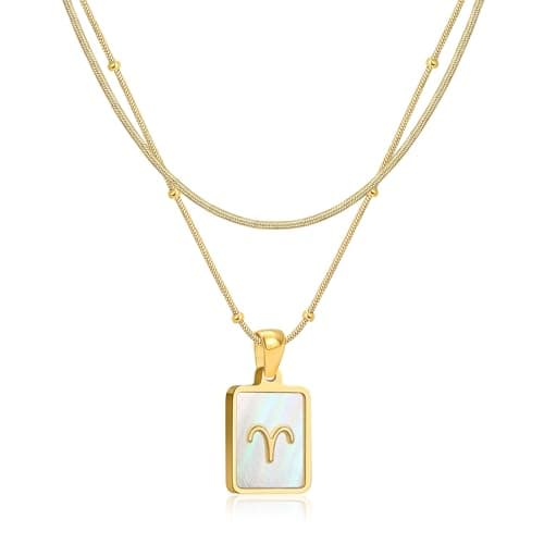 LETFLY Aries Zodiac Gold Necklace Stack for Women, 18K Gold Plated Square Shaped Pendant with Adjustable Layered Snake Chain for Women Jewelry Gifts - Image 1