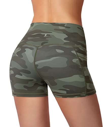 Soothfeel Women's High Waist Yoga Shorts with Side Pockets Tummy Control Running Gym Workout Biker Shorts for Women 5" /3"(3" Green Camo, XXL) - Thumbnail 4