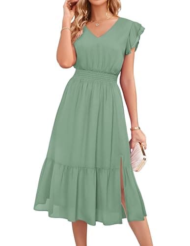 GRACE KARIN 2026 Womens Summer Dresses V Neck Ruffle Sleeve Floral Boho Beach A-Line Dress Sage Green-Solid XX-Large - Image 1