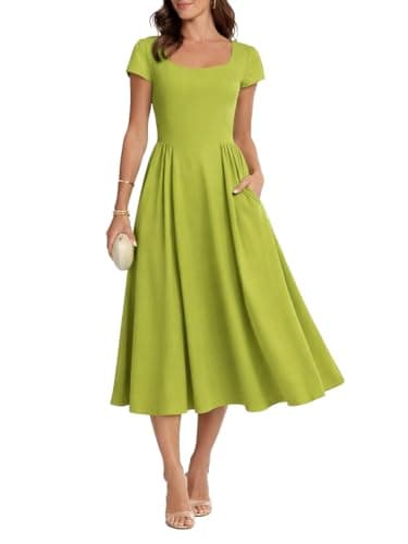 materasu Women Short Sleeve Midi Dress with Pocket Square Neck Tie Back Casual A Line Dress Green - Image 1