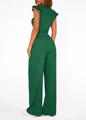 KIRUNDO Two Piece Sets For Women Summer 2026 Casual Cap Sleeve Crop Tops Wide Leg Pants Matching Set Travel Vacation Outfits(Green, Small) - Thumbnail 2