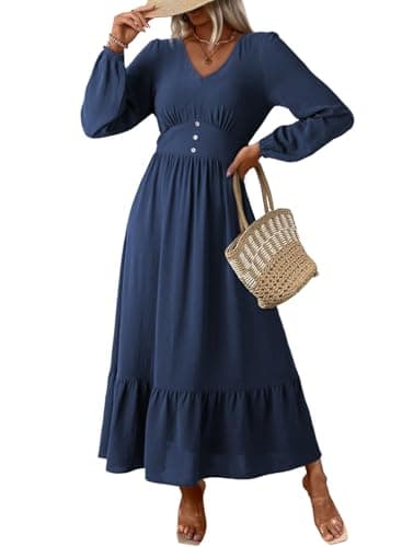 Dokotoo Womens Dresses Sexy V Neck Dresses for Women 2025 Elegant Classy Trendy Long Sleeve Solid Color Italian Dress Tiered Maxi Dress Ruffle A-Line Boho Beach Vacation Outifits Blue XX-Large - Image 1