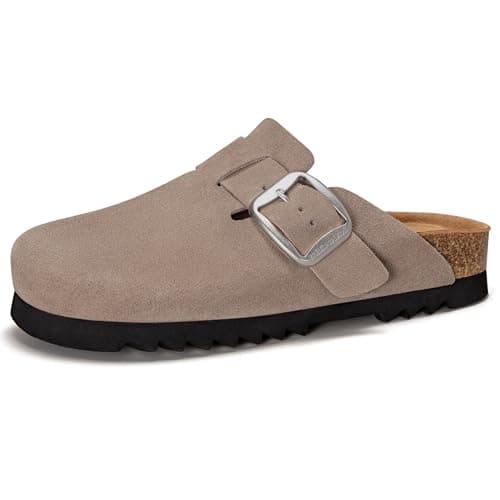 Brelzo Calvior Suede Clogs for Women Leather Mules Slip-on Sandals Men's Potato Shoes with Arch Support Dark Khaki - Image 1