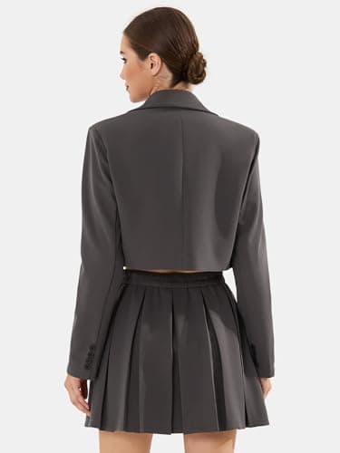 EXLURA Women's Long Sleeve Blazer Suit Sets with Pleated Mini Skirt Fall 2 Piece Outfits Trendy Y2K Fashion Clothes Dark Grey - Thumbnail 6