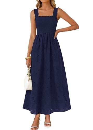 KIRUNDO Summer Lace Dress Vacation Outfits for Women 2026 Wedding Guest Dresses Maxi Beach Boho Sleeveless Cotton Sundress (Navy, Large) - Image 1