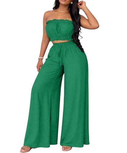 ABKY Two Piece Sets for Women Going Out Summer Off Shoulder Tube Top Palazzo Pants Set Vacation Birthday Party Date Night Outfits Green M - Image 1