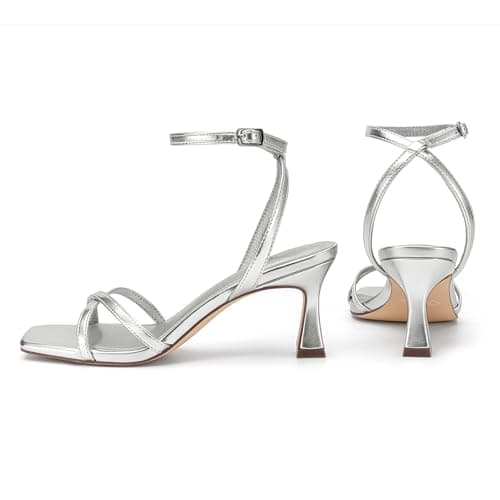 Athlefit Kitten Heels for Women Square Open Toe Strappy Heeled Sandals Ankle Strap Dress Silver High Heels for Prom Party Wedding Size 10 - Thumbnail 6