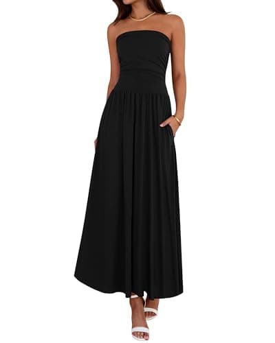 BTFBM Summer Maxi Dresses for Women 2026 Strapless Ruched Tube Top Beach Vacation Spring Wedding Guest Dress Pockets (Black, X-Large) - Image 1