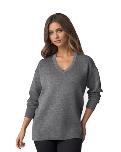 COCOMARTS Womens V Neck Sweatshirts Long Sleeve Casual Shirts Pullover Comfy Tunic Tops 2025 Fall Fashion Outfits Clothes Gray Small - Thumbnail 4