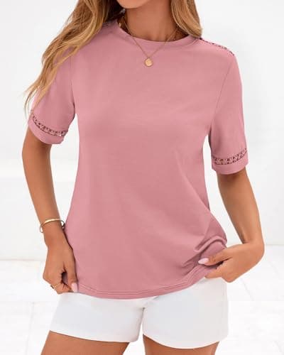 BTFBM Womens Summer Tops Lace Short Sleeve Shirts 2026 Spring Casual Loose Crew Neck Cotton Knit Cute Business Blouses(Pink, Large) - Thumbnail 5