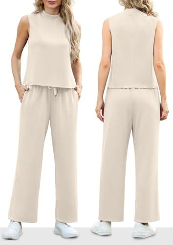 Lepunuo Women's Summer 2 Piece Outfits Mock Neck Top Wide Leg Pants Lounge Sets Vacation Travel Outfits Matching sets - Thumbnail 6
