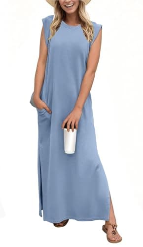 HiMONE Petite Maxi Dress Sleeveless Tank Dress Casual Summer Dress for Women Loose Fit with Pockets Denim Blue - Image 1