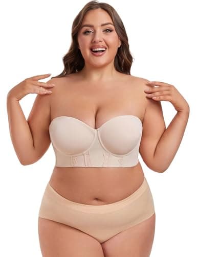 Lusait Women's Longline Strapless Bra Underwired Full Coverage Corset Bra Push Up Boned Hide Back Fat Beige 42DDD - Thumbnail 4