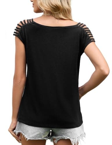 JUSTFASHIONNOW Cold Shoulder Tops for Women Cute Going Out T Shirts Cap Sleeve Tops Summer Crewneck Tees Casual Trendy Cut Out Shirt (Black,X-Large) - Thumbnail 6