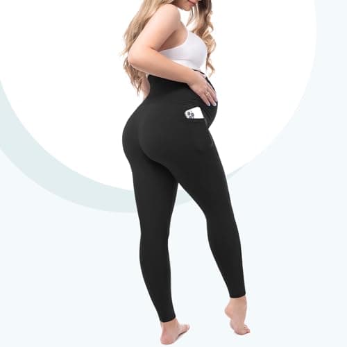 Leafigure Womens Maternity Leggings with Pockets, Pregnancy Buttery Soft Yoga Workout Pants Black Medium - Thumbnail 2