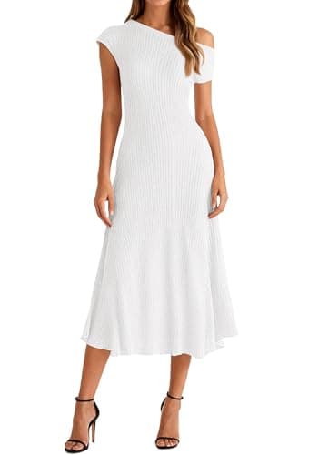 BTFBM Womens Spring Dresses 2026 Asymmetrical Neck Short Sleeve Pleated Swing Knit Midi Dress Business Casual(White, XX-Large) - Image 1