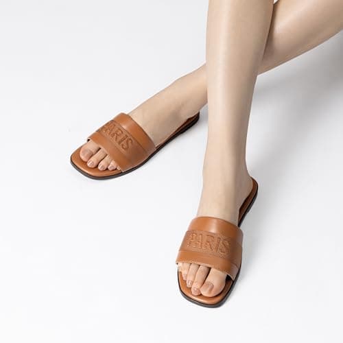 Athlefit Women's Slides Summer Fashion Slip On Flat Sandals Dressy Brown Size 9.5 - Thumbnail 6