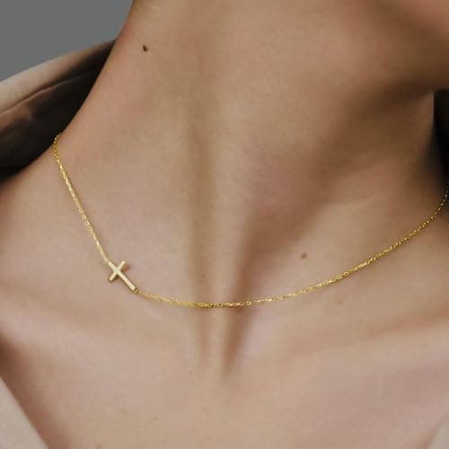 JNZSSWHJJH Gold Cross Necklace for Women - 18K Gold Plated Sideway Cross Necklace Dainty Gold Necklace for Women Gold Jewelry Easter Basket Essentials Stuffers Christian Religious Christmas Gifts - Thumbnail 5