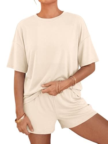 BTFBM Two Piece Sets For Women Summer Outfits Short Sleeve Tops Lounge Shorts Sets Oversized Matching Sets Pockets 2026(Beige, Medium) - Image 1