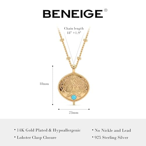 BENEIGE Gold Plated Pendant Necklace, 18k Gold Dainty Vintage Textured Medallion Coin Life Tree Link Chain Necklace Fashion Medallion Jewelry for Women - Thumbnail 4