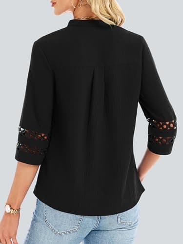 Funlingo 3/4 Length Sleeve Womens Tops Bussiness Casual Dressy Blouses Trendy V Neck Lace Pleated Work Shirts Spring Office Outfits 2026 Black M - Thumbnail 4