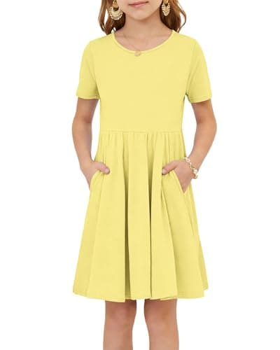 Girls Floral Mini Summer Dress Short Sleeve Crew Neck Casual Cute Sundress for Toddler Little Kids with Pockets for 5-14 Years Yellow S - Thumbnail 5