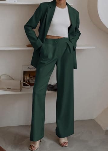 KIRUNDO Women Suits 2 Piece Set Business Casual Dressy Oversized Blazer Jacket and Wide Leg Dress Pantsuits Formal Outfits(Dark Green, XX-Large) - Thumbnail 6