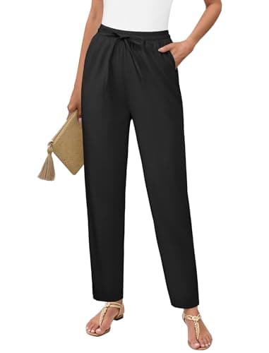 DLOODA Womens Cropped Linen Pants, High Waisted Drawstring Casual Lounge Ankle Trousers with Pockets Beach Vacation Outfits Black - Image 1