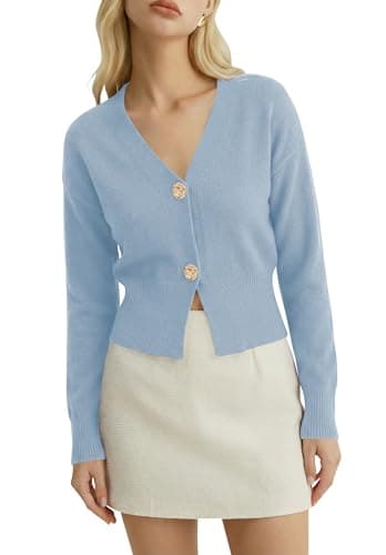 Cropped Knit Cardigan for Women V Neck Lightweight Button Down Sweater for Casual Work & Weekend Looks Light Blue M - Image 1