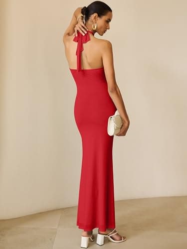 Prinbara Womens Halter Neck Bodycon Maxi Dresses 2026 Summer Mesh Backless Elegant Formal Wedding Guest Party Club Long Dress Red Medium - Thumbnail 6