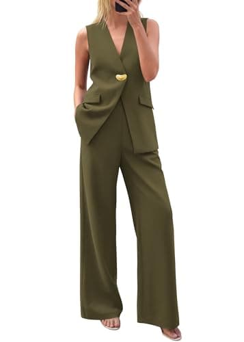 KIRUNDO Pant Suits for Women Dressy 2 Piece Sets Sleeveless Blazer Vest Wide Leg Matching Pantsuit Business Casual Outfits(Army Green, Large) - Image 1