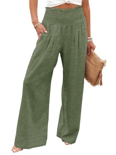 GEMLON Womens Wide Leg Pants High Waisted Palazzo Pants Summer Flowy Lounge Trousers Casual Pants with Pockets Green 2XL - Image 1
