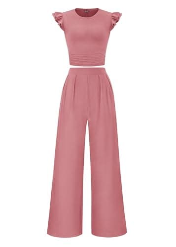 KIRUNDO Two Piece Sets For Women Summer 2026 Casual Cap Sleeve Cute Tops Wide Leg Pants Matching Set Travel Vacation Outfits(Pink, Large) - Image 1