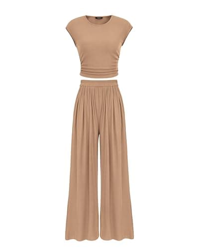 PRETTYGARDEN Women's Summer 2 Piece Outfits 2026 Cap Sleeve Ruched Slim T Shirt Ribbed Knit Wide Leg Pant Sets Tracksuit(Camel,Medium) - Image 1