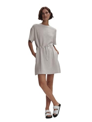 COCOMARTS Dresses for Women Summer Short Sleeve Crew Neck Sweatshirt Dress Drawstring Waist Tunic Tops Mini Vacation Sundress Khaki Medium - Thumbnail 5