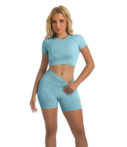 YOAKUKA Women's 4 Piece Workout Sets Seamless Acid Wash Yoga Outfits with Short Sleeve Top Sports Bra Biker Shorts High Waist Leggings Active Set - Thumbnail 6