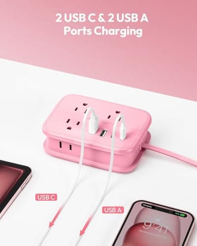 NTONPOWER Pink Extension Cord, Travel Power Strip, 6 Outlets 4 USB Ports(2 USB C), 4ft Extension Cord Wrapped Around Small Power Strip, Compact for Travel, Hotel, Cruise Approved, White - Thumbnail 6