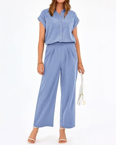 PRETTYGARDEN Womens 2 Piece sets Summer Cap Sleeve Tops Palazzo Pants Dressy Casual Vacation Travel Outfits Tracksuits(Sky Blue,Medium) - Thumbnail 5