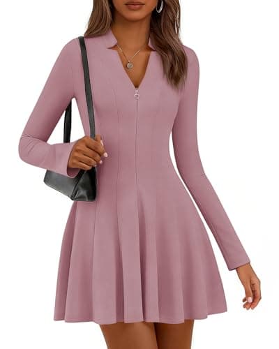 Lazysmile Fall Dresses for Women 2025 Long Sleeve V Neck Half Zip A Line Swing Casual Party Club Mini Short Dress Pink - Image 1