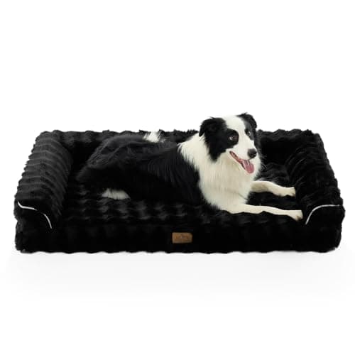 Faux Fur Orthopedic Dog Bed, Extra Large Dog Bed, Supportive Foam Pet Sofa with Waterproof Lining Cover, Washable U-Shaped Pet Couch with Anti-Slip Bottom Design, Black XXL 48x32x8 inch - Image 1