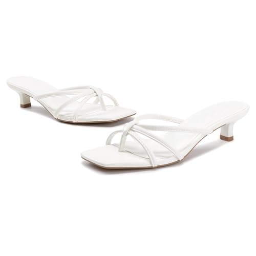 Athlefit White Kitten Heels for Women Strappy Flip Flop Low Heels Square Toe Comfortable Dressy Party Heeled Sandals Size 10 - Thumbnail 6