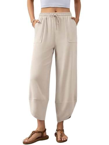 Jiflora Womens Cotton Linen Summer Palazzo Pants Drawstring Elastic Waist Trousers with Pockets Beach Pants Apricot XXL - Image 1